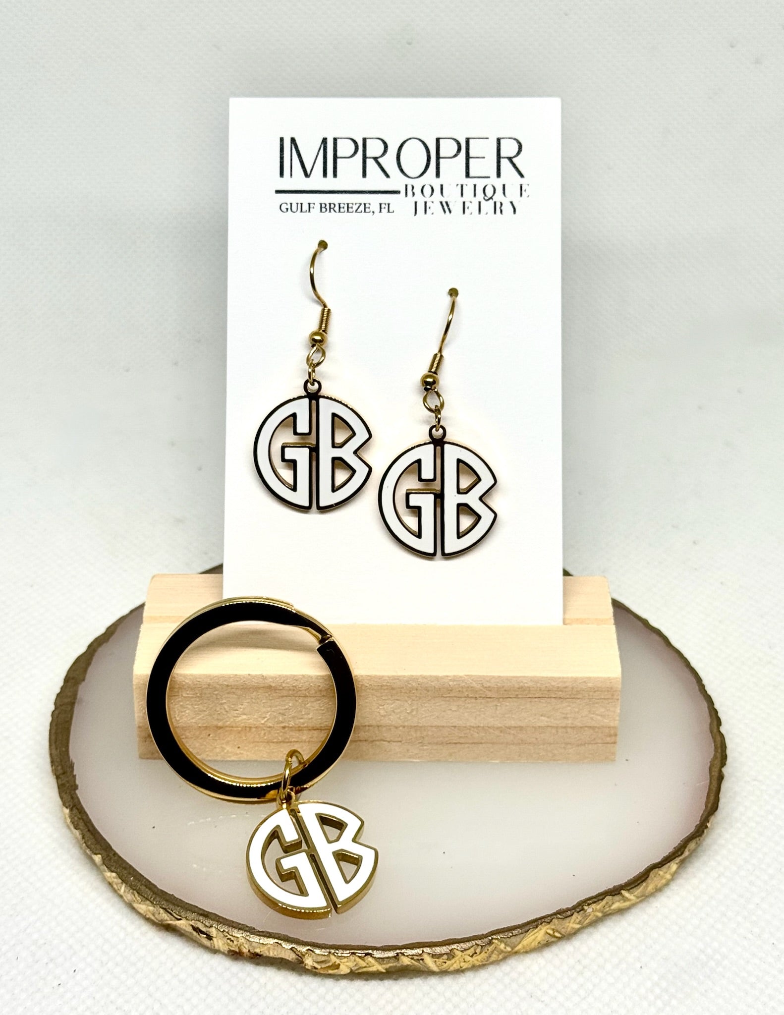 GB Charm Earrings & Keychain
